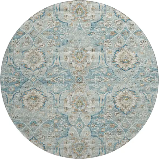 8' Persian Blue Coffee And Ivory Floral Medallion Washable Round Rug With UV Protection Photo 2