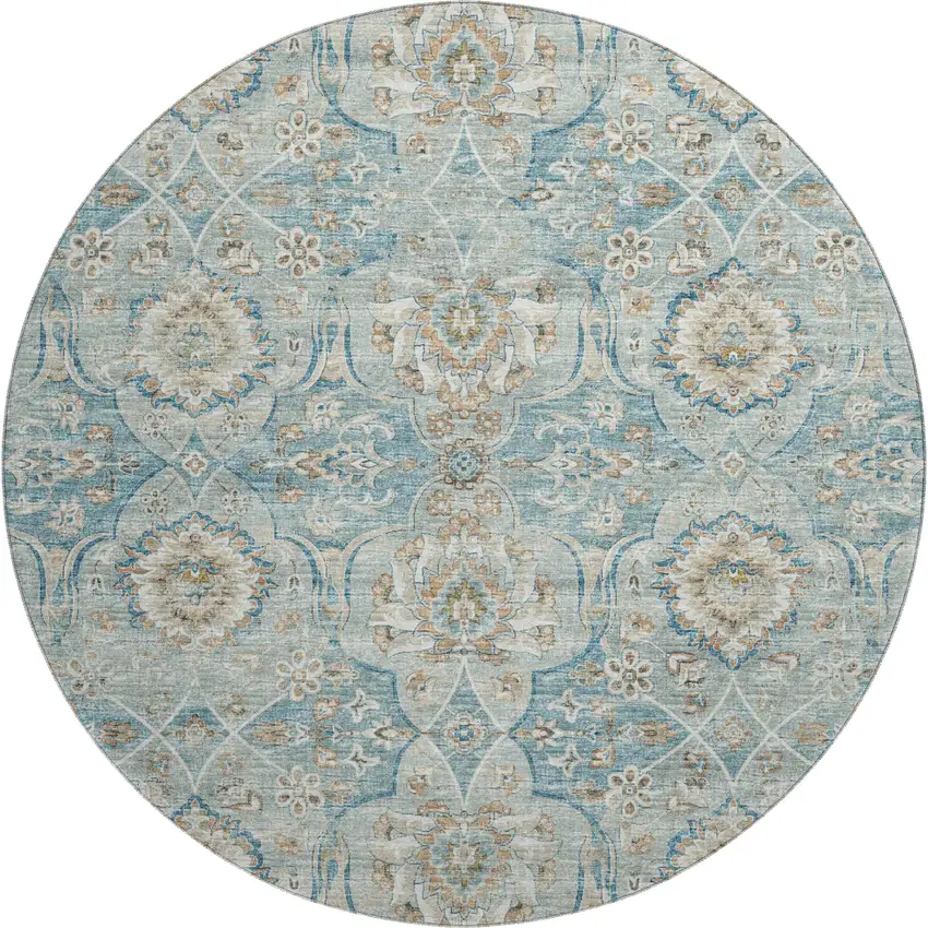 8' Persian Blue Coffee And Ivory Floral Medallion Washable Round Rug With UV Protection Photo 2