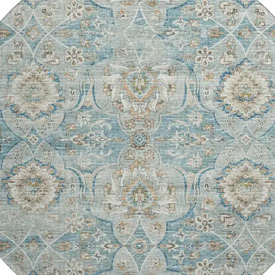 8' Persian Blue Coffee And Ivory Floral Medallion Washable Round Rug With UV Protection Photo 5