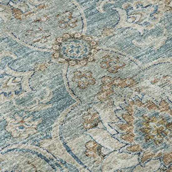 8' Persian Blue Coffee And Ivory Floral Medallion Distressed Washable Round Rug With UV Protection Photo 9