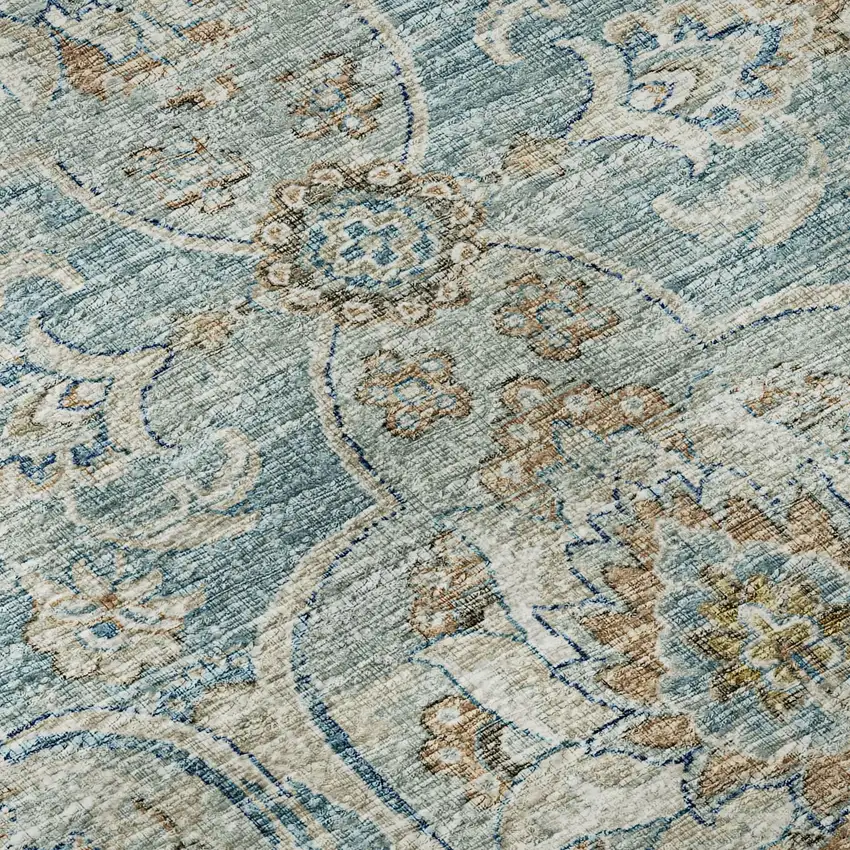 8' Persian Blue Coffee And Ivory Floral Medallion Distressed Washable Round Rug With UV Protection Photo 9
