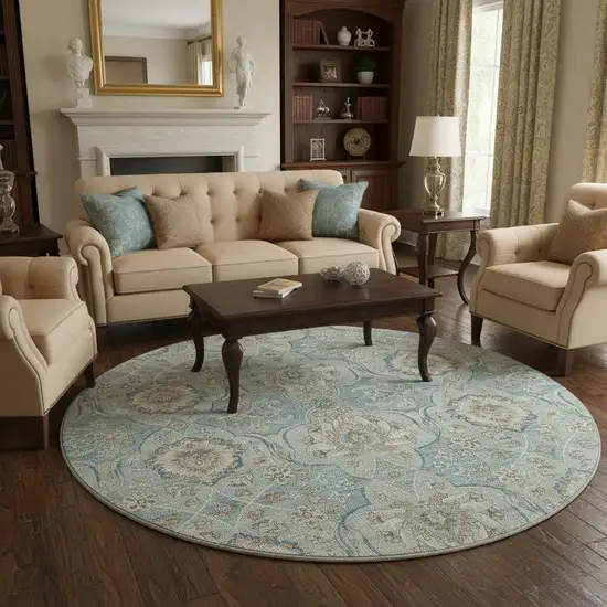 8' Persian Blue Coffee And Ivory Floral Medallion Washable Round Rug With UV Protection Photo 1