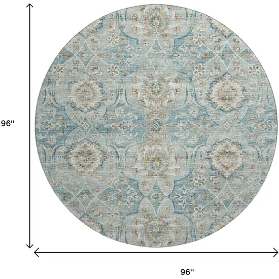 8' Persian Blue Coffee And Ivory Floral Medallion Washable Round Rug With UV Protection Photo 4