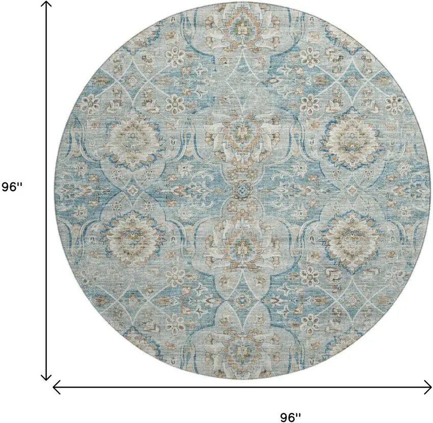 8' Persian Blue Coffee And Ivory Floral Medallion Washable Round Rug With UV Protection Photo 4