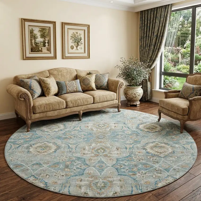 8' Persian Blue Coffee And Ivory Floral Medallion Distressed Washable Round Rug With UV Protection Photo 1