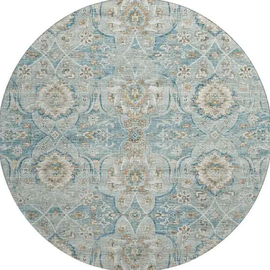 8' Persian Blue Coffee And Ivory Floral Medallion Washable Round Rug With UV Protection Photo 6