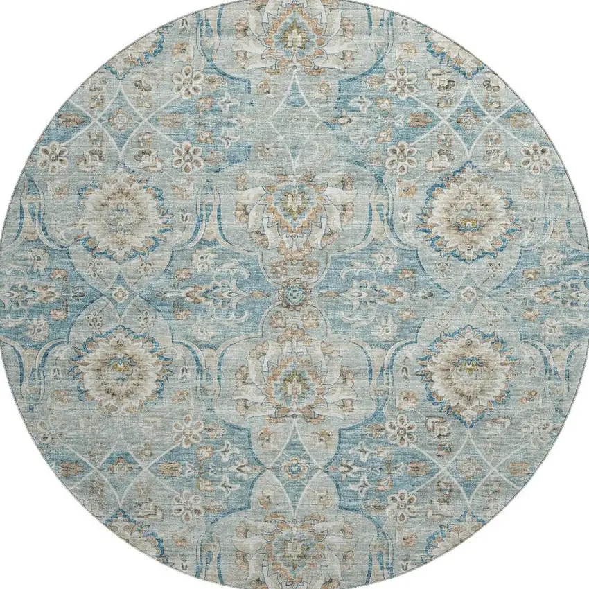 8' Persian Blue Coffee And Ivory Floral Medallion Washable Round Rug With UV Protection Photo 6