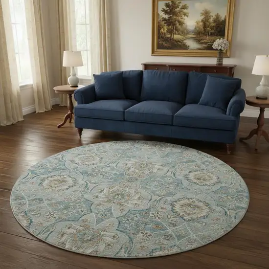 8' Persian Blue Coffee And Ivory Floral Medallion Washable Round Rug With UV Protection Photo 3