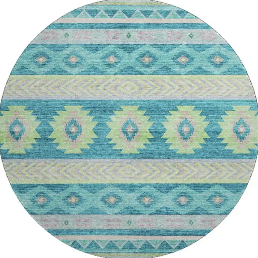 8' Persian Blue Lime Green And Silver Geometric Washable Round Rug With UV Protection Photo 4