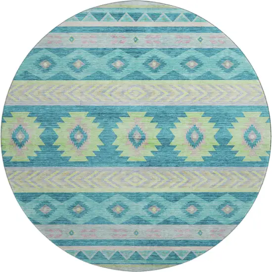 8' Persian Blue Lime Green And Silver Geometric Washable Round Rug With UV Protection Photo 2
