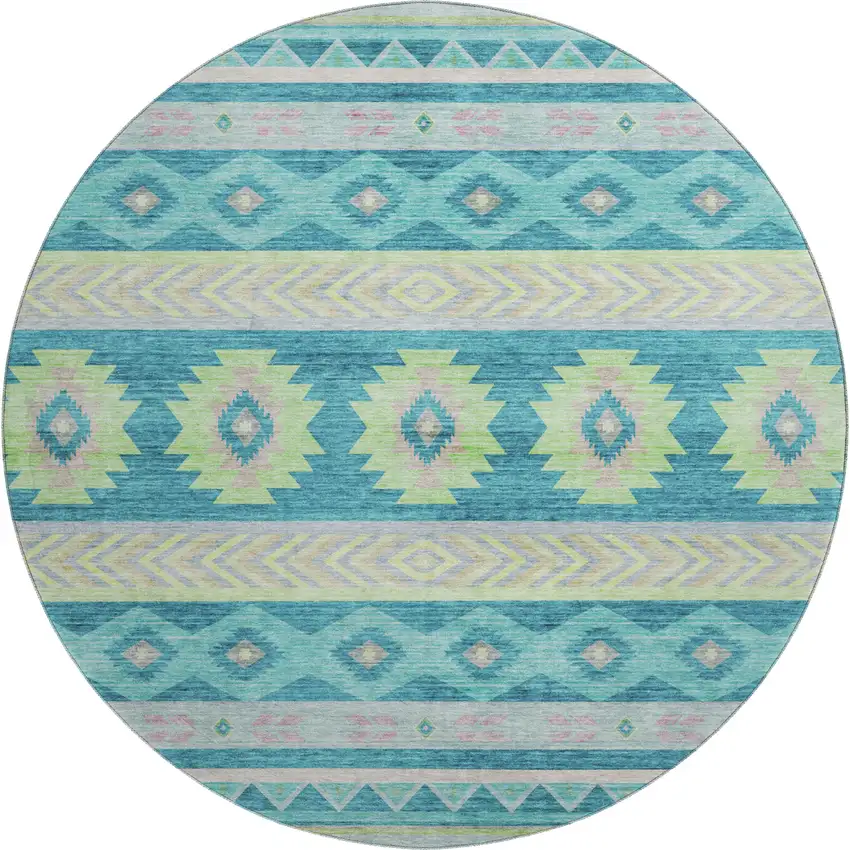 8' Persian Blue Lime Green And Silver Geometric Washable Round Rug With UV Protection Photo 2