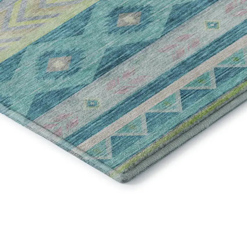 8' Persian Blue Lime Green And Silver Geometric Washable Round Rug With UV Protection Photo 7