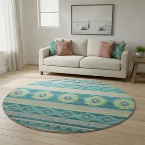 Photo of 8' Persian Blue Lime Green And Silver Geometric Washable Round Rug With UV Protection