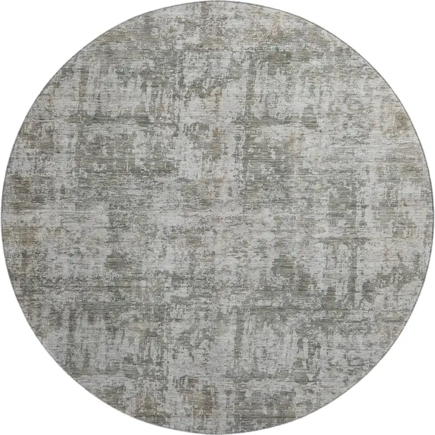 8' Pewter And Beige Abstract Washable Round Rug With UV Protection Photo 1