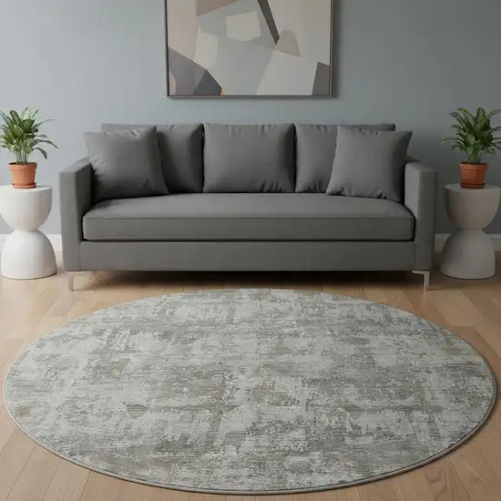 8' Pewter And Beige Abstract Washable Round Rug With UV Protection Photo 2