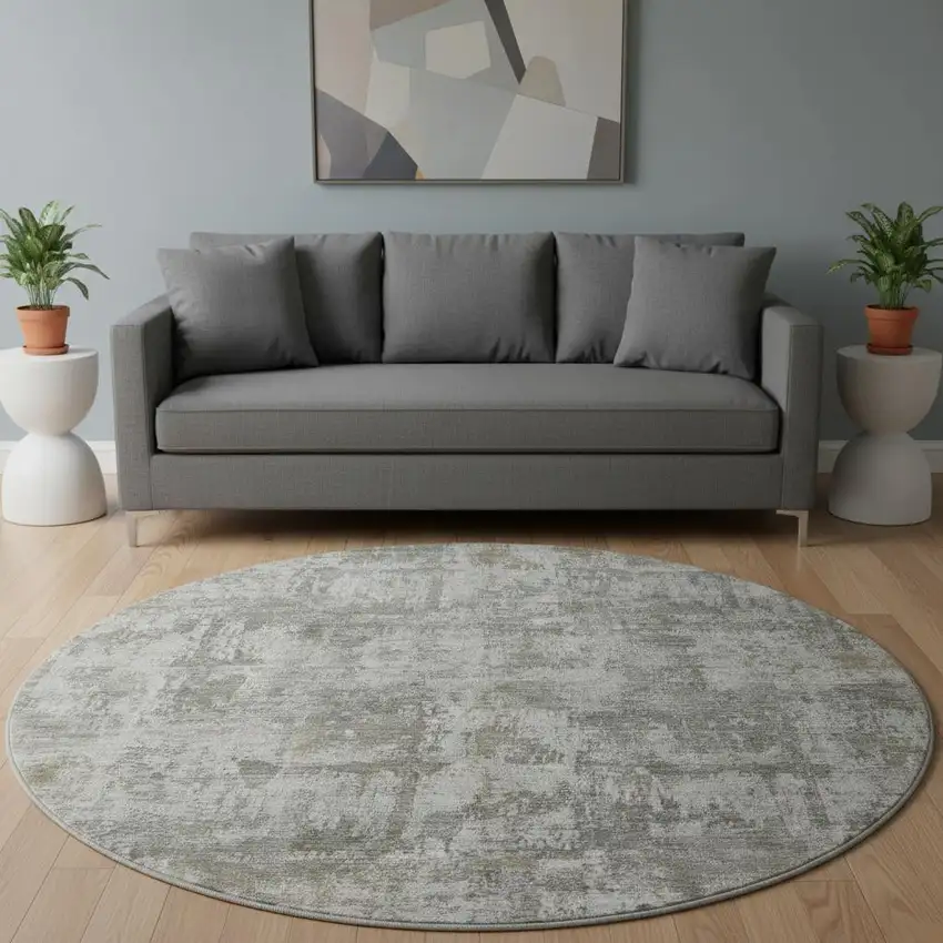 8' Pewter And Beige Abstract Washable Round Rug With UV Protection Photo 2