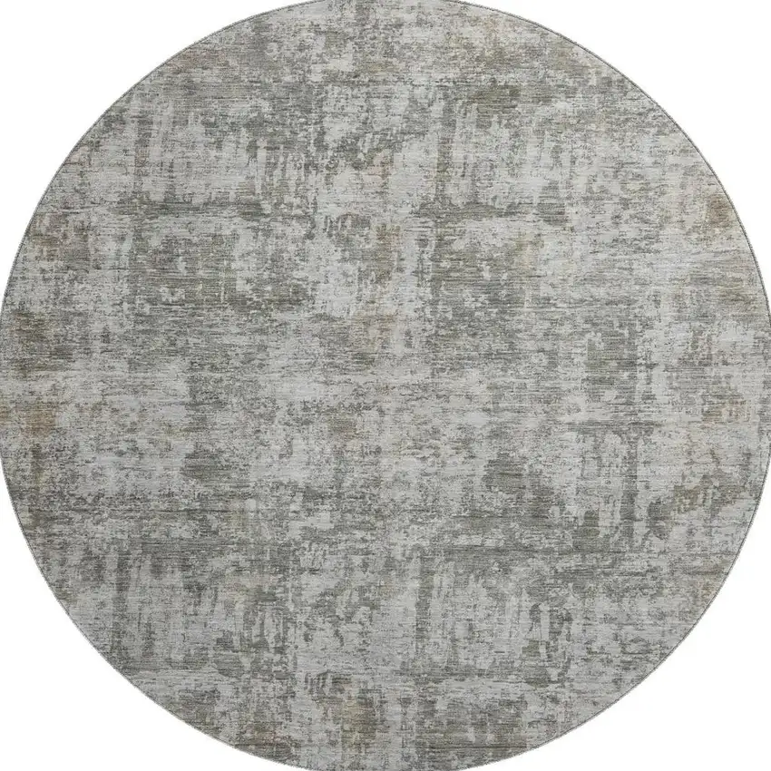 8' Pewter And Beige Abstract Washable Round Rug With UV Protection Photo 3