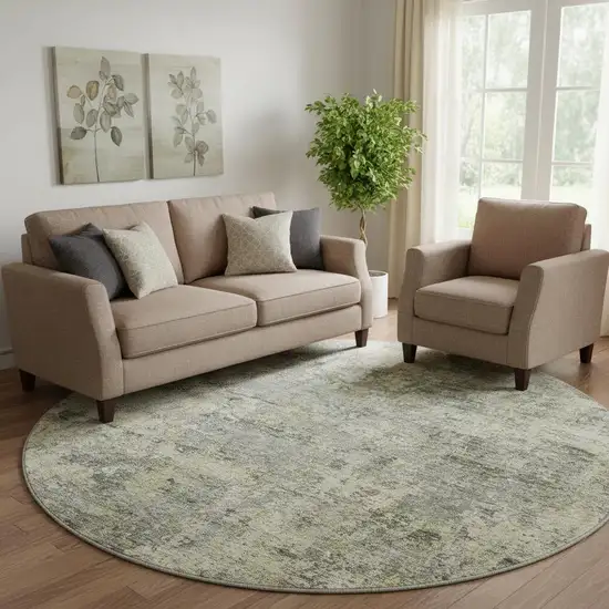 8' Pewter And Beige Abstract Washable Round Rug With UV Protection Photo 2