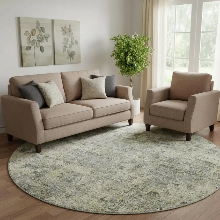 8' Pewter And Beige Abstract Washable Round Rug With UV Protection Photo 2