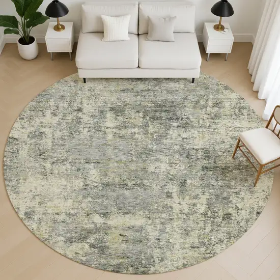 8' Pewter And Beige Abstract Washable Round Rug With UV Protection Photo 5