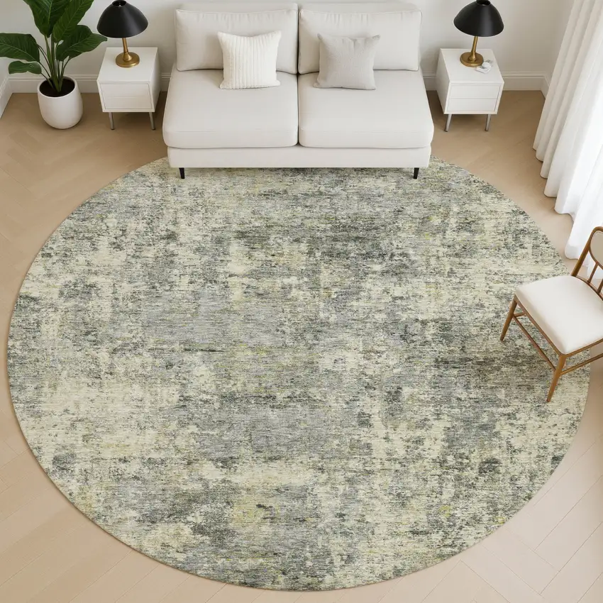 8' Pewter And Beige Abstract Washable Round Rug With UV Protection Photo 5