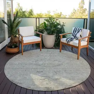 Photo of 8' Pewter And Beige Round Floral Washable Indoor Outdoor Area Rug