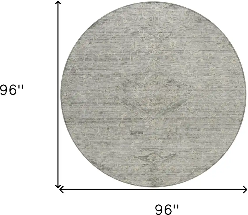 8' Pewter And Beige Round Floral Washable Indoor Outdoor Area Rug Photo 9