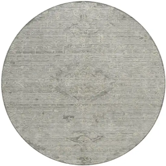 8' Pewter And Beige Round Floral Washable Indoor Outdoor Area Rug Photo 2