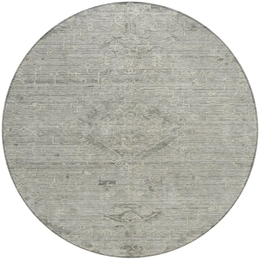 8' Pewter And Beige Round Floral Washable Indoor Outdoor Area Rug Photo 2