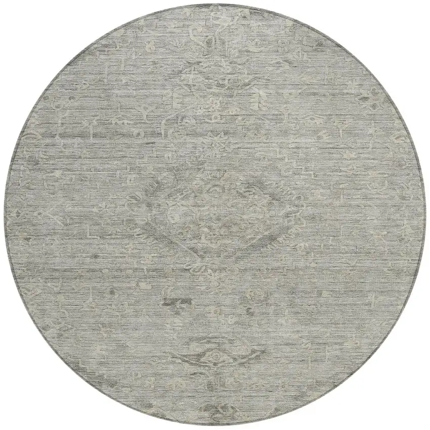 8' Pewter And Beige Round Floral Washable Indoor Outdoor Area Rug Photo 6