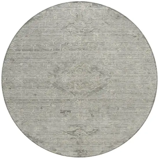 8' Pewter And Beige Round Floral Washable Indoor Outdoor Area Rug Photo 6