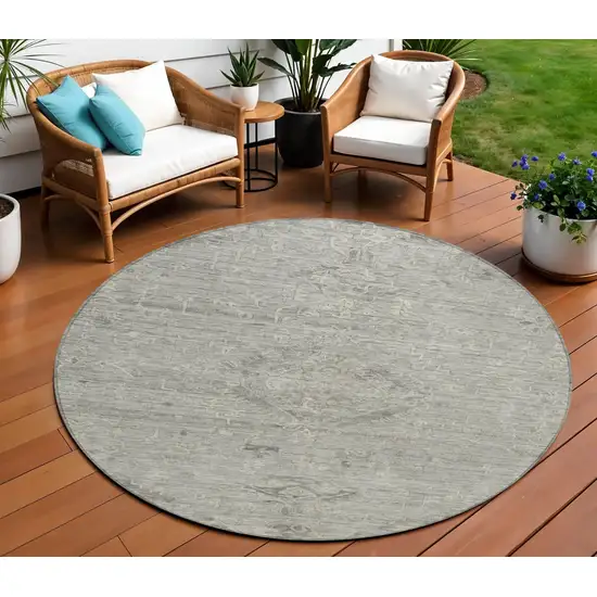 8' Pewter And Beige Round Floral Washable Indoor Outdoor Area Rug Photo 1