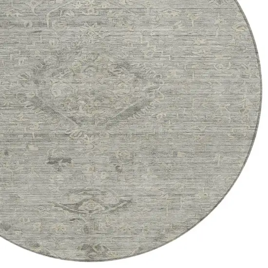 8' Pewter And Beige Round Floral Washable Indoor Outdoor Area Rug Photo 5