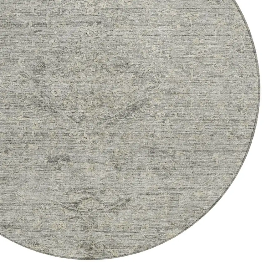 8' Pewter And Beige Round Floral Washable Indoor Outdoor Area Rug Photo 5