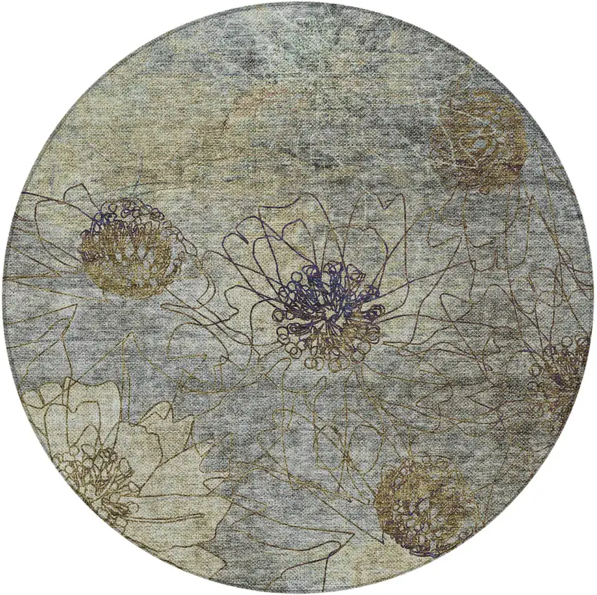 8' Pewter And Beige Round Floral Washable Indoor Outdoor Area Rug Photo 5
