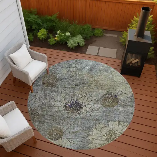 8' Pewter And Beige Round Floral Washable Indoor Outdoor Area Rug Photo 9