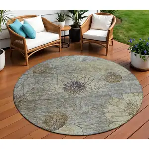 Photo of 8' Pewter And Beige Round Floral Washable Indoor Outdoor Area Rug