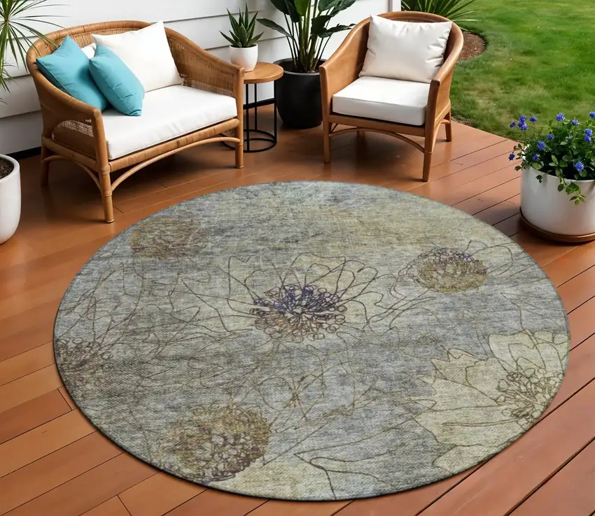 8' Pewter And Beige Round Floral Washable Indoor Outdoor Area Rug Photo 1