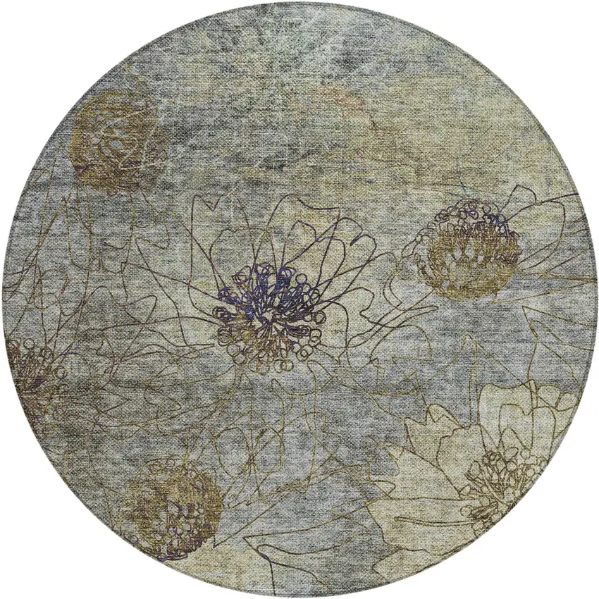 8' Pewter And Beige Round Floral Washable Indoor Outdoor Area Rug Photo 2