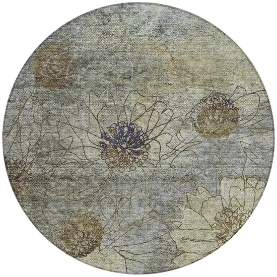 8' Pewter And Beige Round Floral Washable Indoor Outdoor Area Rug Photo 4