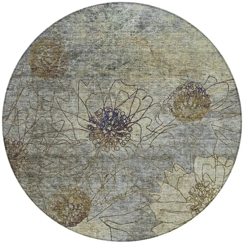 8' Pewter And Beige Round Floral Washable Indoor Outdoor Area Rug Photo 4