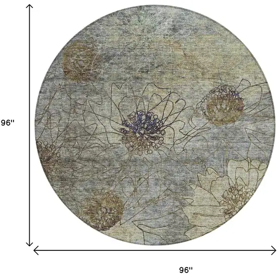 8' Pewter And Beige Round Floral Washable Indoor Outdoor Area Rug Photo 3