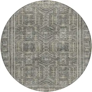 Photo of 8' Pewter And Beige Round Geometric Washable Indoor Outdoor Area Rug