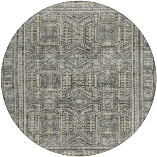 8' Pewter And Beige Round Geometric Washable Indoor Outdoor Area Rug Photo 1