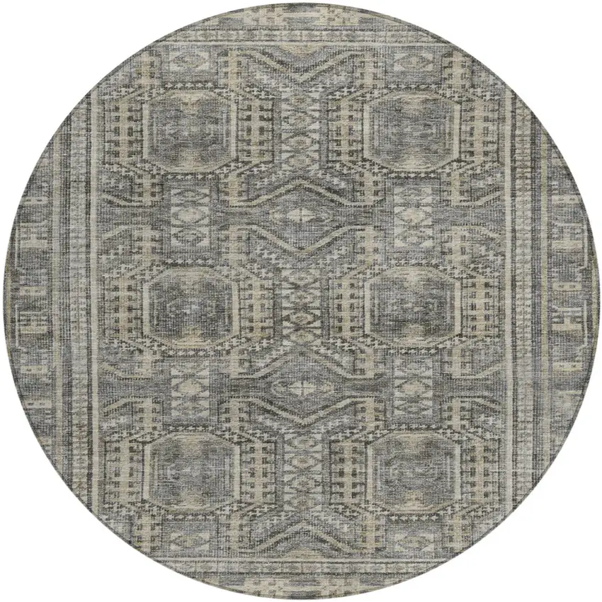 8' Pewter And Beige Round Geometric Washable Indoor Outdoor Area Rug Photo 1