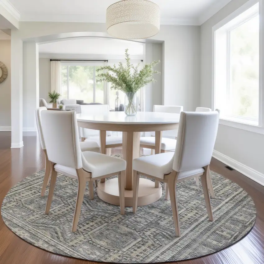 8' Pewter And Beige Round Geometric Washable Indoor Outdoor Area Rug Photo 6
