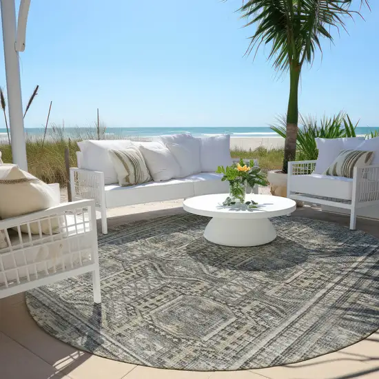8' Pewter And Beige Round Geometric Washable Indoor Outdoor Area Rug Photo 5