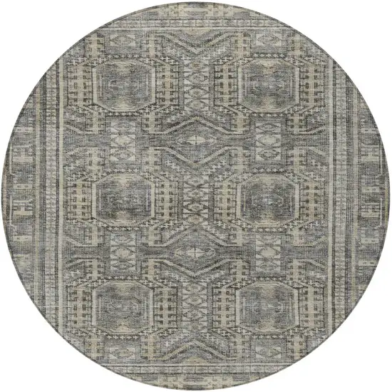 8' Pewter And Beige Round Geometric Washable Indoor Outdoor Area Rug Photo 4