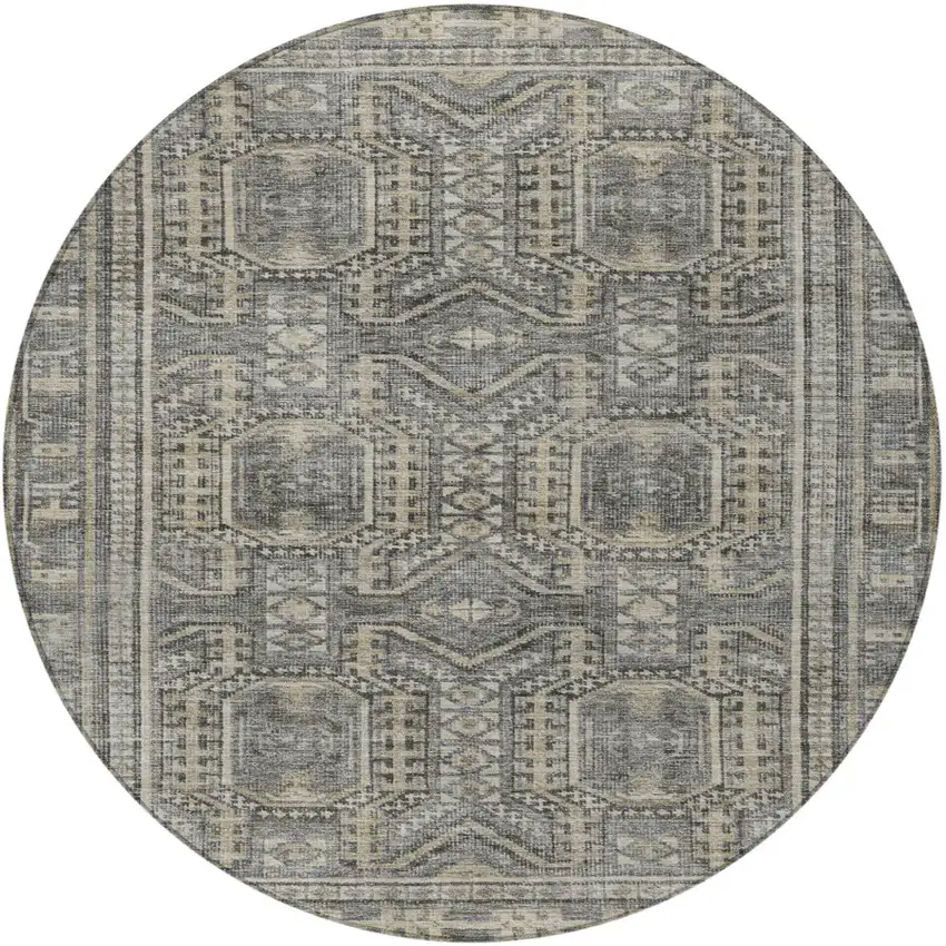 8' Pewter And Beige Round Geometric Washable Indoor Outdoor Area Rug Photo 4