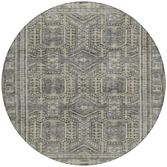 8' Pewter And Beige Round Geometric Washable Indoor Outdoor Area Rug Photo 3